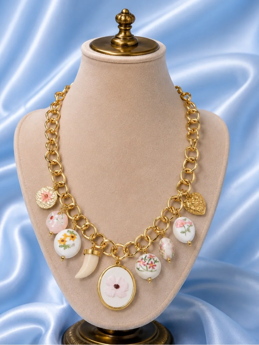 Vintage Floral Porcelain Charm Necklace